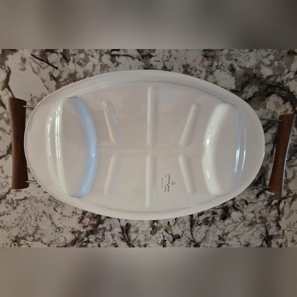 Vintage Corning Ware Blue Cornflower P-19 Meat Platter Wood Handled Metal Caddy